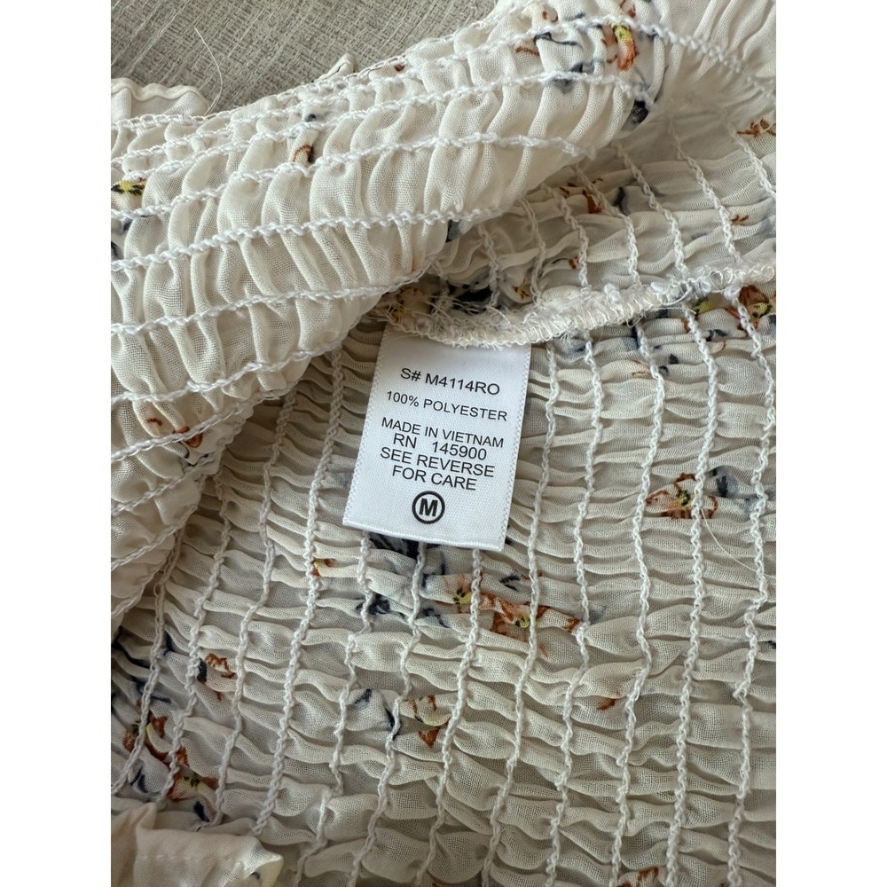Floral Smocked Square Neck Top Sheer Balloon Sleeve Cream - M - Picture 2 of 4